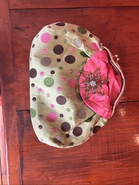 Embellished Polka Dot Satin Clutch in Green and Pink